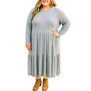 NLT Womens Gray Tiered Midi Long Sleeve Ribbed Knit Fabric Dress Size 3XL
